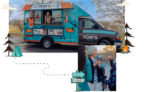 Two-photo collage of a Travelin' Tom's Coffee Truck serving specialty drinks at church and community events