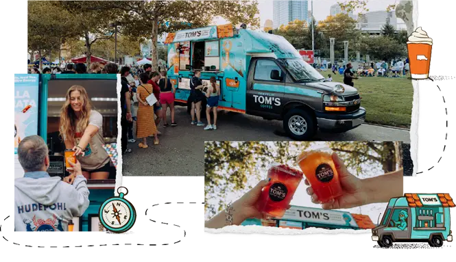 Three-photo collage of a Travelin' Tom's Coffee Truck serving a line of customers at a festival or fair