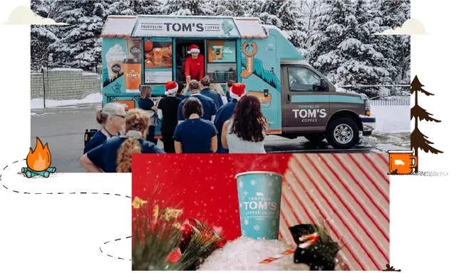 Collage showing a Travelin' Tom's Coffee Truck serving customers at a snowy holiday party and a close-up of a festive coffee cup.
