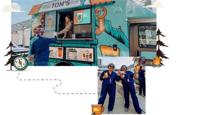 Two-photo collage showing hospital workers enjoying hot specialty beverages and iced coffee drinks from a Travelin' Tom's Coffee Truck