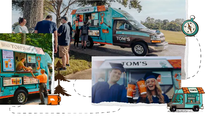 Collage of Travelin' Tom's Coffee Trucks serving specialty drinks at private parties and graduation celebrations