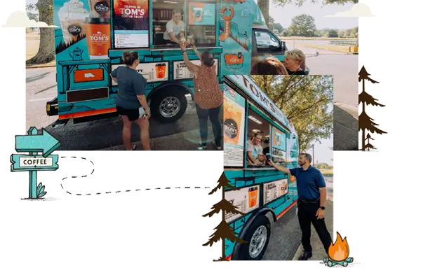 Two-photo collage of teachers and staff members receiving specialty coffee drinks from a Travelin' Tom's Coffee Truck at a school event