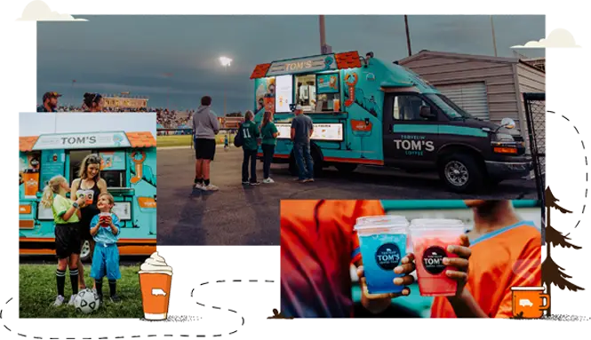 Three-photo collage of families and athletes enjoying sports event catering by a Travelin' Tom's Coffee Truck