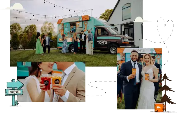 Three-photo collage of brides, grooms, and wedding guests enjoying hot and iced drinks from a Travelin' Tom's Coffee Truck